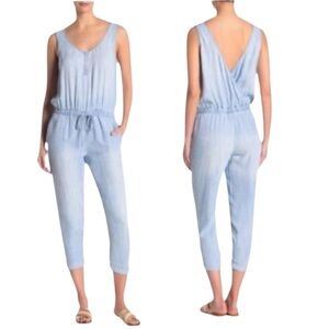 Anthropologie Cloth and Stone Blue Chambray Surplice Back Jumpsuit Size Small